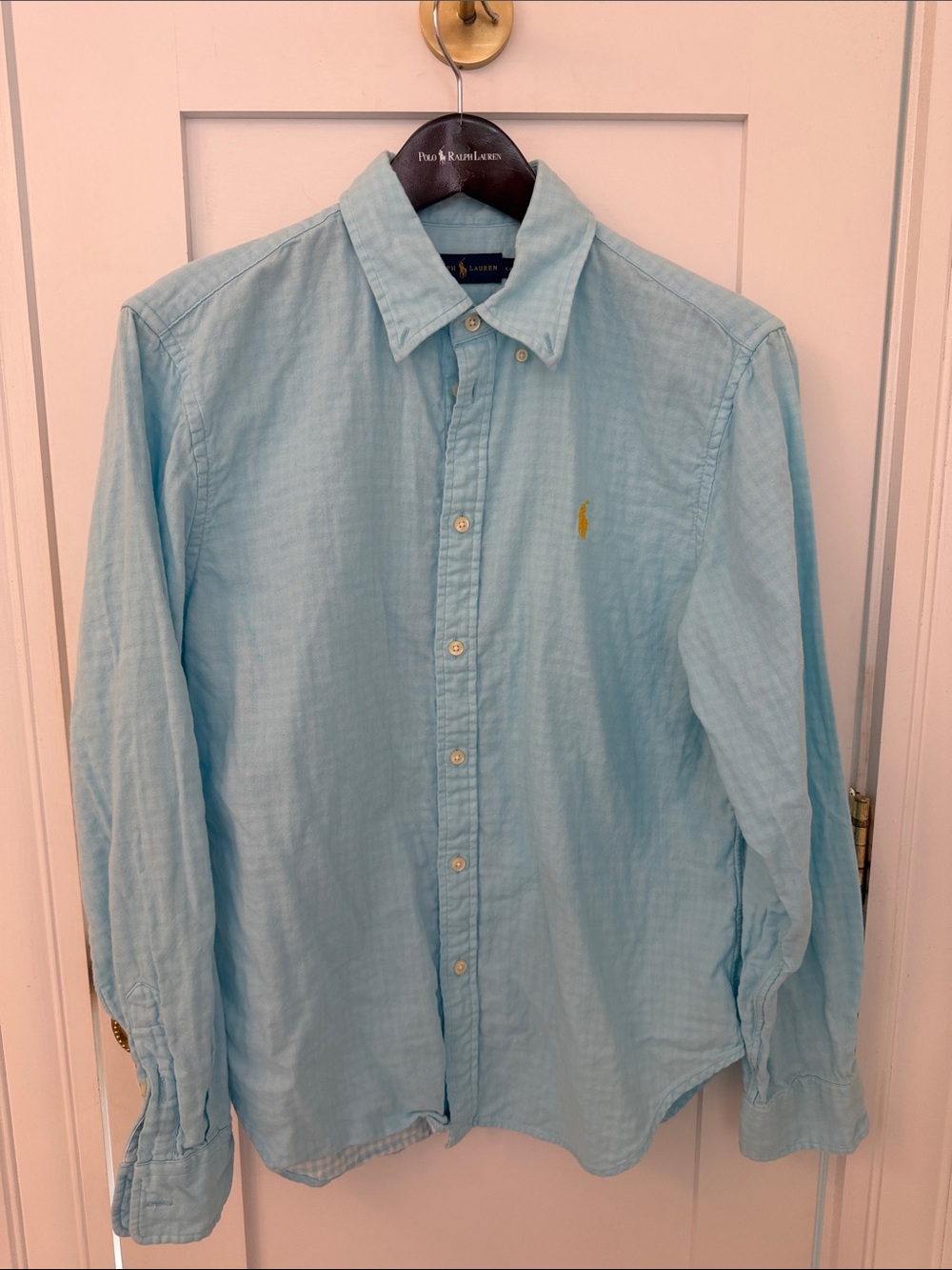 Ralph Lauren Pale Blue Button-Down Linen Shirt with Yellow Pony
